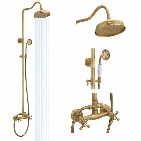 2-Spray Outdoor Wall Bar Shower Kit 8 in. Round Rain Shower Head with Hand Shower and 2 Cross Knobs in Antique Brass