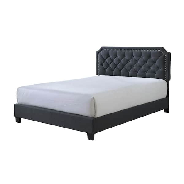 Benjara Shiran Black Wood Frame Queen Panel Bed with Tufted