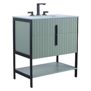 30 in. W x 18 in. D x 33.5 in. H Bath Vanity in Mint Green with Glass Vanity Top in White with Black Hardware