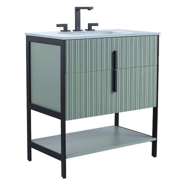 FINE FIXTURES 30 in. W x 18 in. D x 33.5 in. H Bath Vanity in Mint Green with Glass Vanity Top in White with Black Hardware