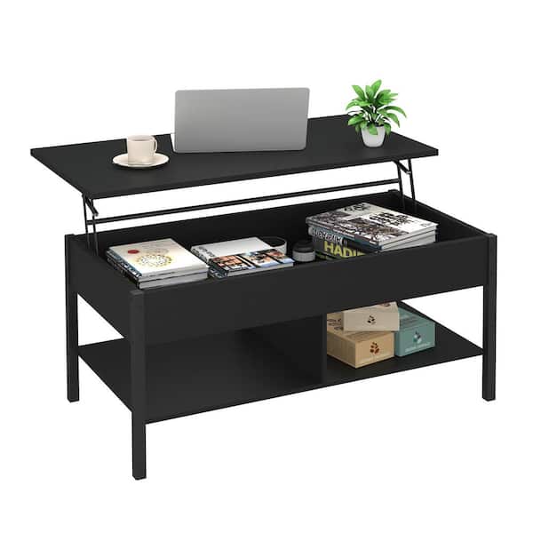 CIPACHO 41 .7 in. Black Lift-Top Rectangle MDF Wood Coffee Table with Lower Shelf Metal Tube Legs