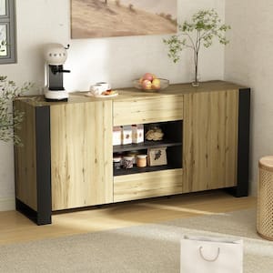 Black and Wooden 31.5 in. H Tall Storage Cabinet, Sideboard with 6-Shelves, 2-Drawers and Black Wooden Legs