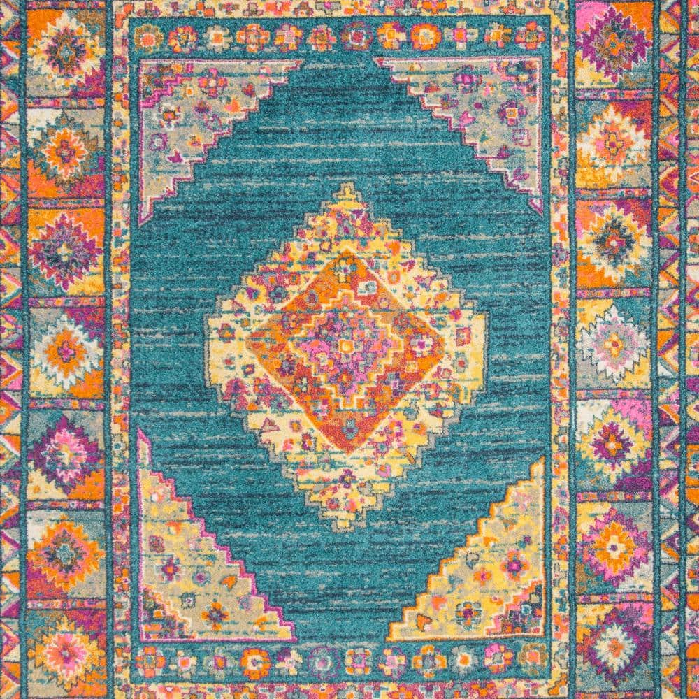Light Blue and Orange Bohemian Synthetic Area Rug, 8' x 10'