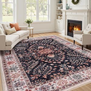 Vienna Black 9 ft. x 12 ft. Washable Vintage Floral Area Rug