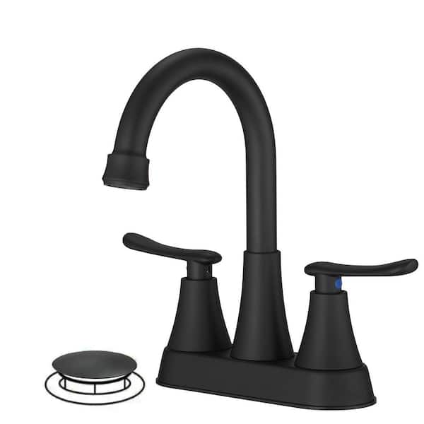 HOMEMYSTIQUE Easy Install 4 in. Centerset Double Handle Spot Resistant Bathroom Faucet with Drain Kit in Matte Black