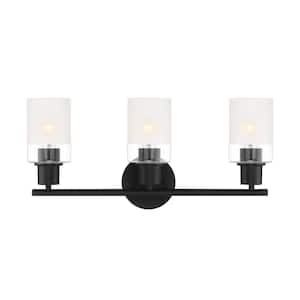 Cedar Lane 22 in. 3-Light Matte Black Modern Vanity with Clear and Etched Glass Shades