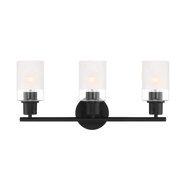 Designers Fountain Cedar Lane 22 in. 3-Light Matte Black Modern Vanity Light with Clear and Etched Glass Shades