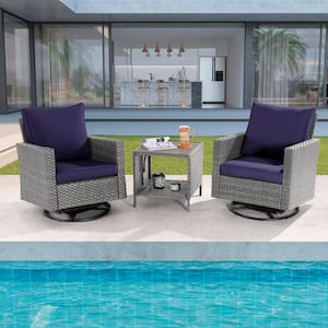 3-Piece Gray Wicker Outdoor Swivel Rocking Chairs Patio Bistro Set with Side Table Navy Blue Cushion