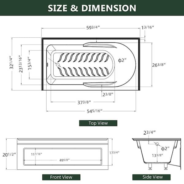Sez 60 in. x 32 in. Alcove/Apron Front Soaking Bathtub with Left Drain Hole Integrated Armrest Non-Slip Tub in White
