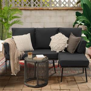 Wicker L Shape Sectional Sofa Set, Outdoor Patio Couch 3-Piece with Dark Grey Cushions