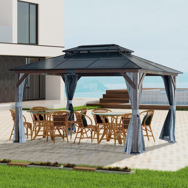 Unbranded 10 ft. x 13 ft. Outdoor Hardtop Cedar Gazebo Solid Wood Frame Gazebo With Dual Metal Roof, Privacy Curtains Mosquito Net