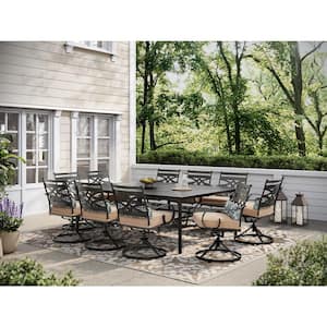 Montclair 11-Piece Steel Outdoor Dining Set with Tan Cushions, 10 Swivel Rockers and 60 in. x 84 in. Table