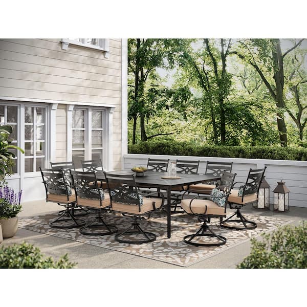 Hanover Montclair 11-Piece Steel Outdoor Dining Set with Tan Cushions, 10 Swivel Rockers and 60 in. x 84 in. Table