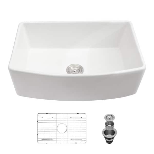 33 in. Farmhouse Apron Single Bowl White Ceramic Arch Workstation Kitchen Sink with Dish Grid and Strainer