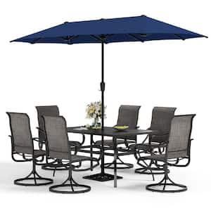 Black 8-Piece Metal Rectangle Patio Outdoor Dining Set with Slat Table, Umbrella and Textilene Swivel Chairs