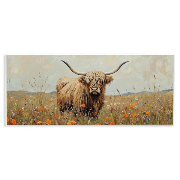 Longhorn And Wildflowers by Petal Prints Design 1 Piece Unframed Animal Graphic Art Print 7 in. x 17 in.