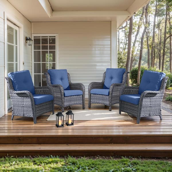 moosprr Arcline Patio Gray Wicker Outdoor Lounge Chair with Blue Olefin Cushions and rest (4-Piece)