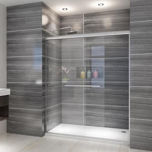 54 in. W x 72 in. H Sliding Semi Frameless Shower Door in Brushed Nickel with Clear Glass