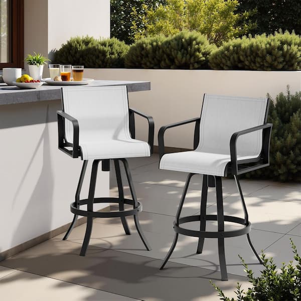 2 ‑ Piece Cast Aluminum Outdoor Swivel Bar Stools in Oyster with Armrests