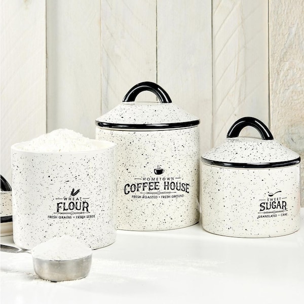 Coffee Tea Sugar Container Set - White Stainless Steel Kitchen Canister Set  with Bamboo Lids (3 Pieces, 48 oz)
