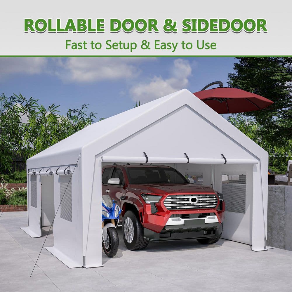 13 ft. W x 20 ft. D White Carport and Storage Shelter,Canopy with 2 ...