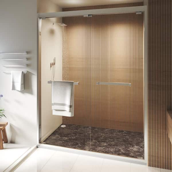 56 to 60 in. W x 76 in. H Double Sliding Framed Shower Door in Brushed Nickel with Clear Glass