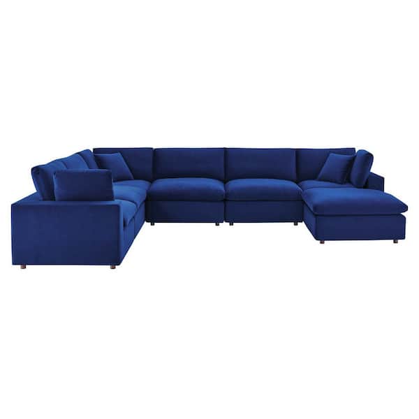 MODWAY Commix 158 in. Down Filled Overstuffed Performance Velvet 7-Piece Sectional Sofa in Navy