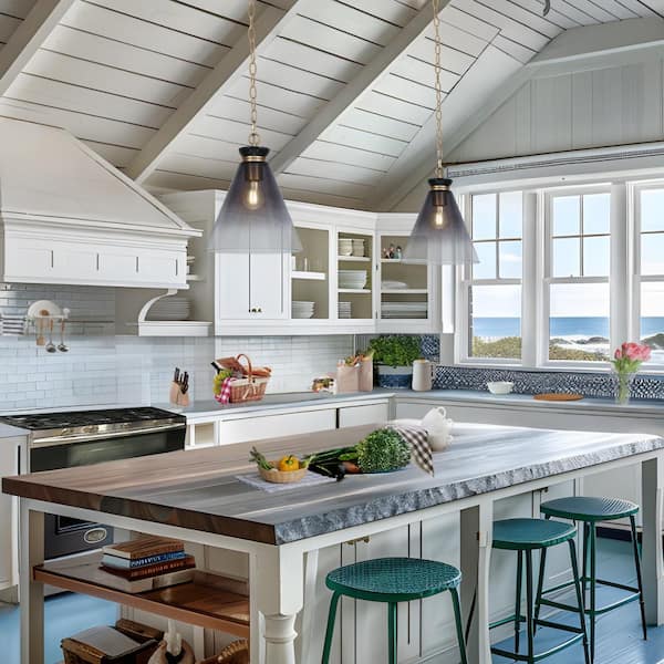 Modern Coastal 1-light Smoke-Gray Pendant Light with Hand Blown Cone Glass Shade, Dark Gold Hanging Lamp for Dining Room