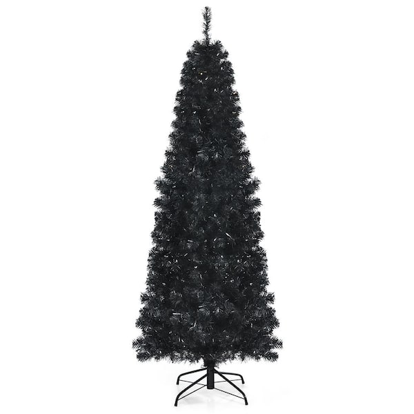 Costway 6 ft. Pre-Lit LED Slim PVC Artificial Christmas Tree Black with 300 Warm White Lights