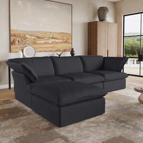 J&E Home 122.3 in. W Flared Arm Linen Modular 4-Piece Down-Filled Free Combination Sectional Sofa with Ottoman in Black