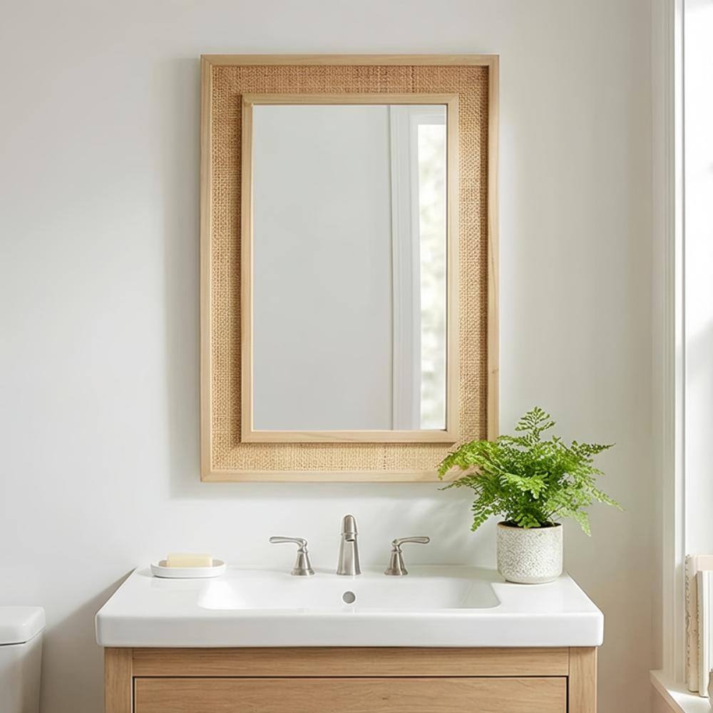 24 x 36 in. Natural Wood Rattan Frame Decorative Wall Mirror with Solid Wood Frame for Bathroom Vanity Entryway