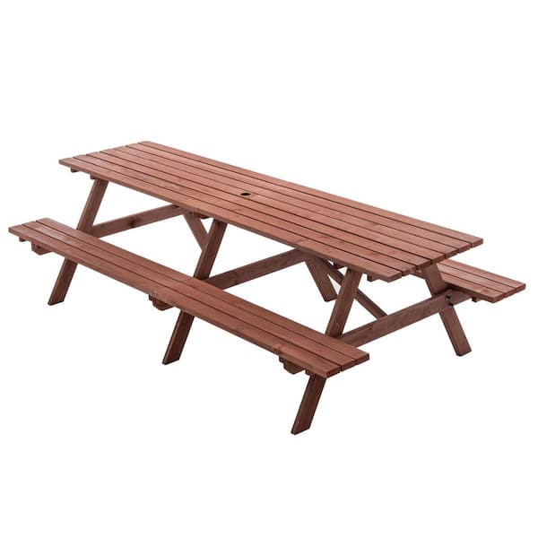 50.4 in. Brown Rectangle Solid Wood Picnic Table Seats 12-People with Umbrella Hole