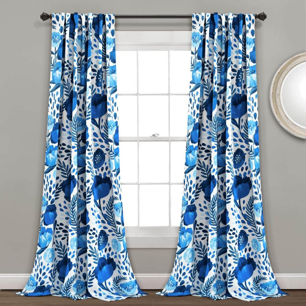 Blue Floral Polyester Room Darkening Curtain Panels