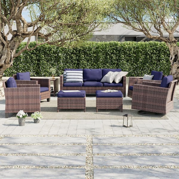 8-Piece Patio Sofa Set Brown Wicker Outdoor Furniture Set Swivel Rocking Sofa, Navy Blue Cushions