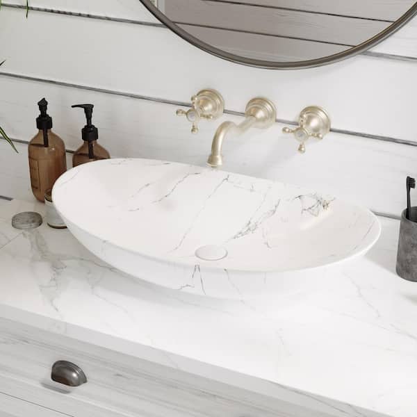 DEERVALLEY 23.43 in. Ceramic Marbled Oval Vessel Bathroom Sink in White
