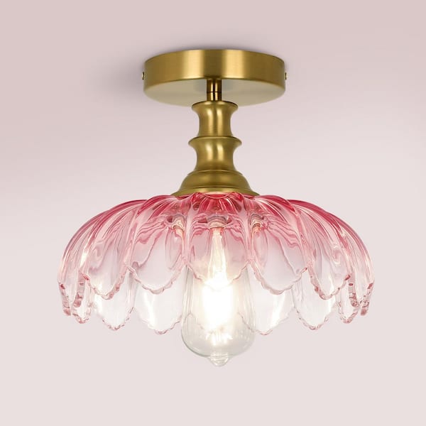 Essel 10.23 in. 1-Light Gradient Pink Mid-Century Semi-Flush Mount with Flower Glass Shade for Dining Room Foyer