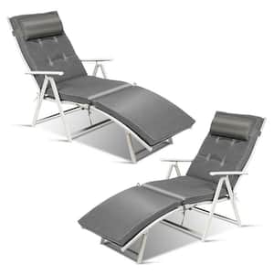 2-Pieces Cushioned Folding Metal Outdoor Chaise Lounge Chair Adjustable Recliner with Gray Cushions