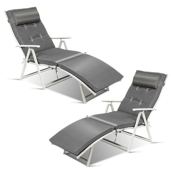 HONEY JOY 2-Pieces Cushioned Folding Metal Outdoor Chaise Lounge Chair Adjustable Recliner with Gray Cushions