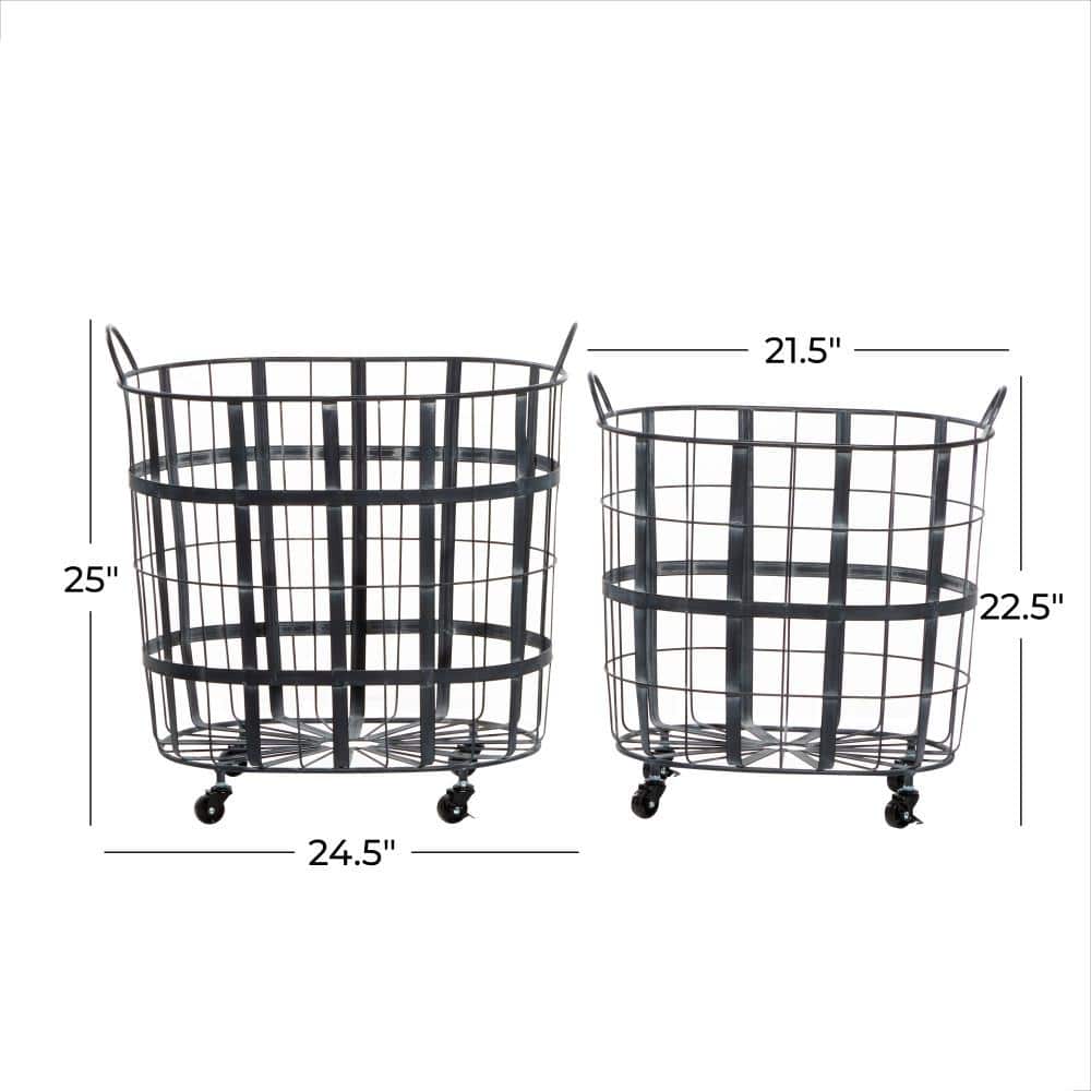Industrial Black Metal Oval Storage Basket Set with Wheels