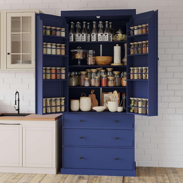 Blue Wood 35 in. x 77 in. Kitchen Pantry Cabinet with 3 Adjustable Shelves, 8 Door Shelves, 3 Drawers