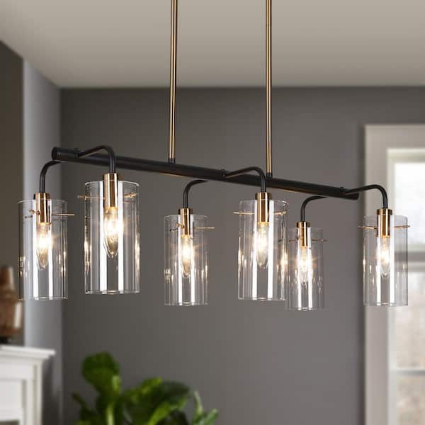 6-Light Plated Brass Island Hanging Chandelier Linear Pendant Light with Clear Glass Shade for Kitchen and Dining Room