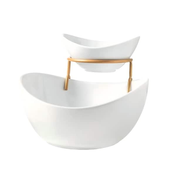 2-Tier Porcelain Chip and Dip Serving Set with Gold Metal Rack, 45 oz. Large Chip Bowl & 7 oz. Small Dip Bowls, White