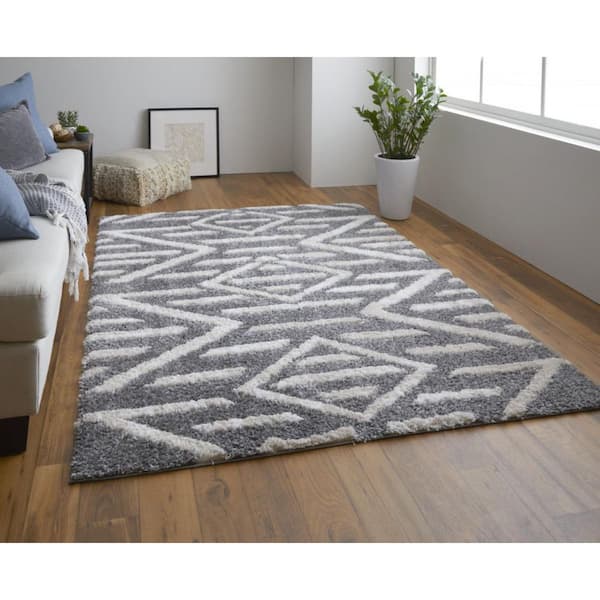 2 ft. x 8 ft. Gray, Ivory Geometric Area Rug