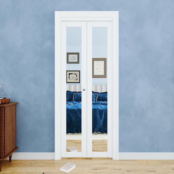 32 in. x 80 in. 1-Lite Mirrored Glass and Solid Core White Finished Close MDF Bi-Fold Door with Hardware