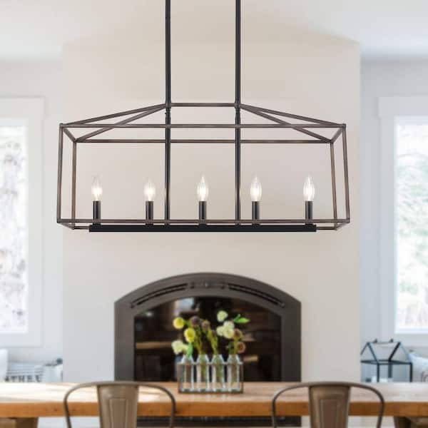 31.1 in. 5-Light Black and Imitation Wood Grain Farmhouse Linear Kitchen Island Chandelier with Caged Metal Shade