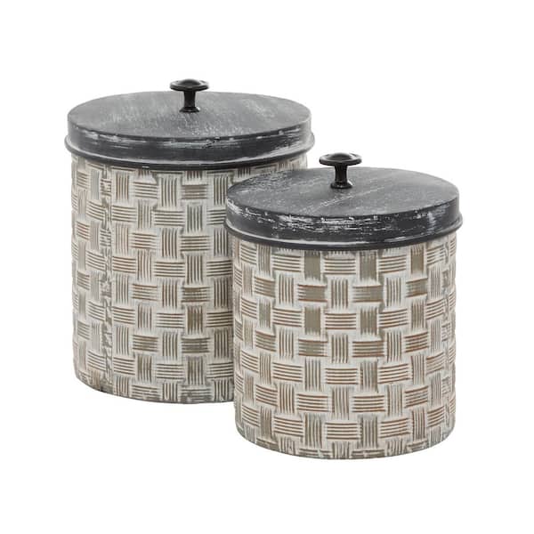 Litton Lane Brown Metal Decorative Jars with Weave Inspired Pattern (Set of 2)