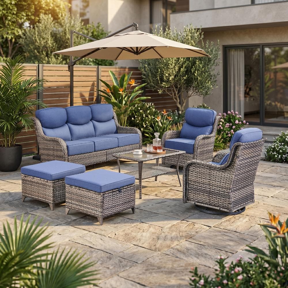 Novaswivel Gray 6-Piece Wicker Patio Conversation Set with 6 in. Olefin Blue Cushions, 2 Swivel Chairs & Coffee Table price history on PriceWatchPro