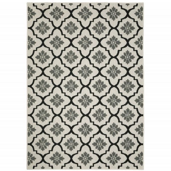 HomeRoots Beige, Black 10 ft. x 13 ft. Loomed Geometric Polypropylene Rectangle Indoor/Outdoor Area Rug