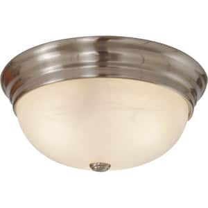 11 in. W x 4.5 in. H 2-Light Indoor Brushed Nickel Flush Mount Ceiling Fixture with White Alabaster Glass Bowl