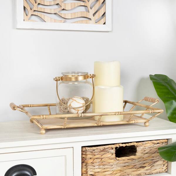 Stratton Home Decor Beige Metal and Wood Bamboo Tray